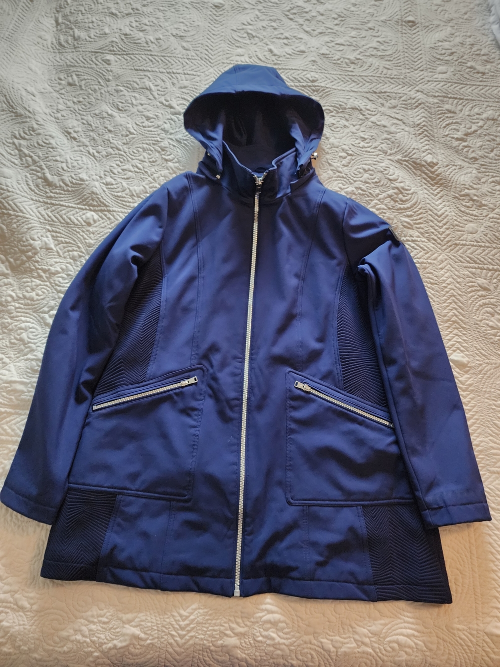 Navy Sapphire Blue Light Jacket Hooded Spring Fall Zip Front Excellent +++